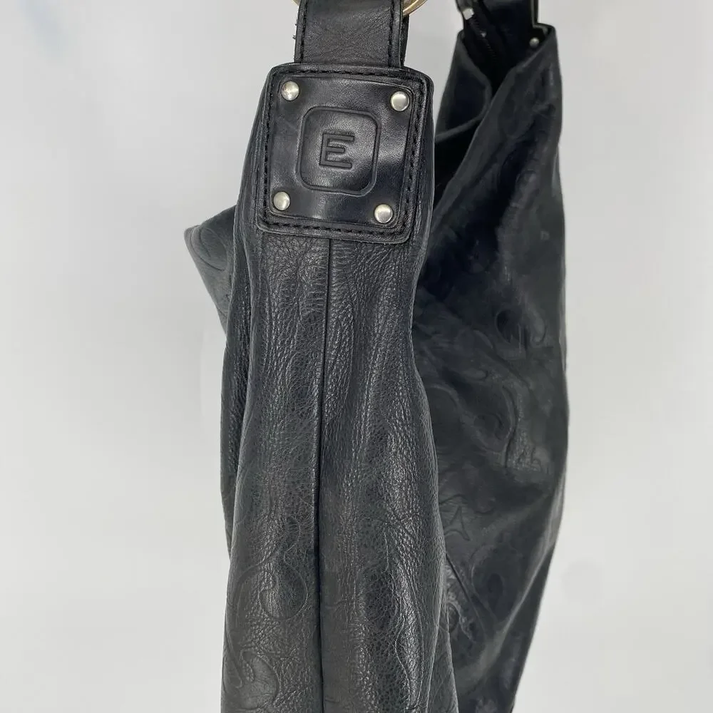 Ellington Black Embossed Leather Hobo Shoulder Bag Slouch Purse Boho Large